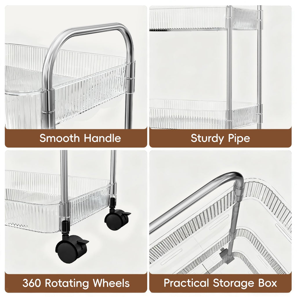 STARLATTA 3 Tier Rolling Cart with Lockable Wheels, Clear Acrylic Utility Trolley with Handle