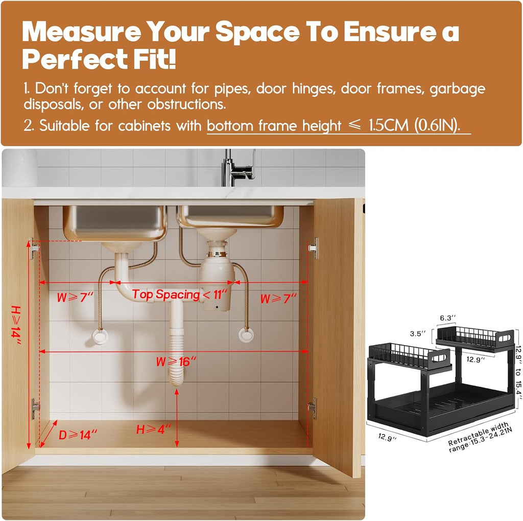 1 Pack Expandable Under Sink Organizers And Storage With Upgrade Ball-Bearing Slide Tracks,2-Tier