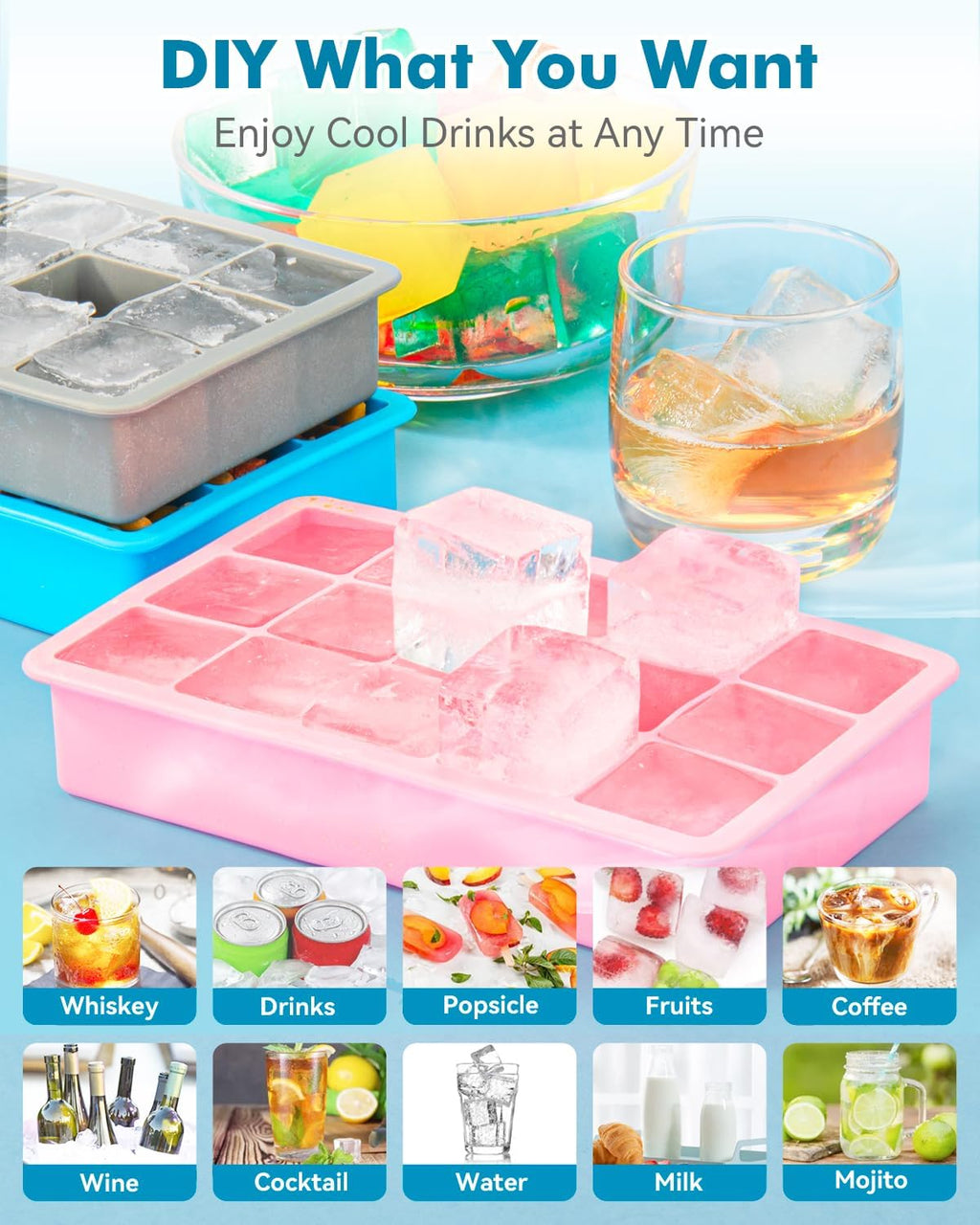 Silicone Ice Cube Trays for Freezer Set of 2- Square Ice Cubes Mold-Easy Release Silicone Old