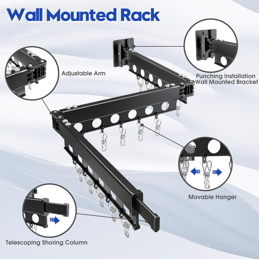 Clothes Drying Rack Foldable Wall Mounted Drying Rack 3 Fold Black-Laundry Drying Rack Durable