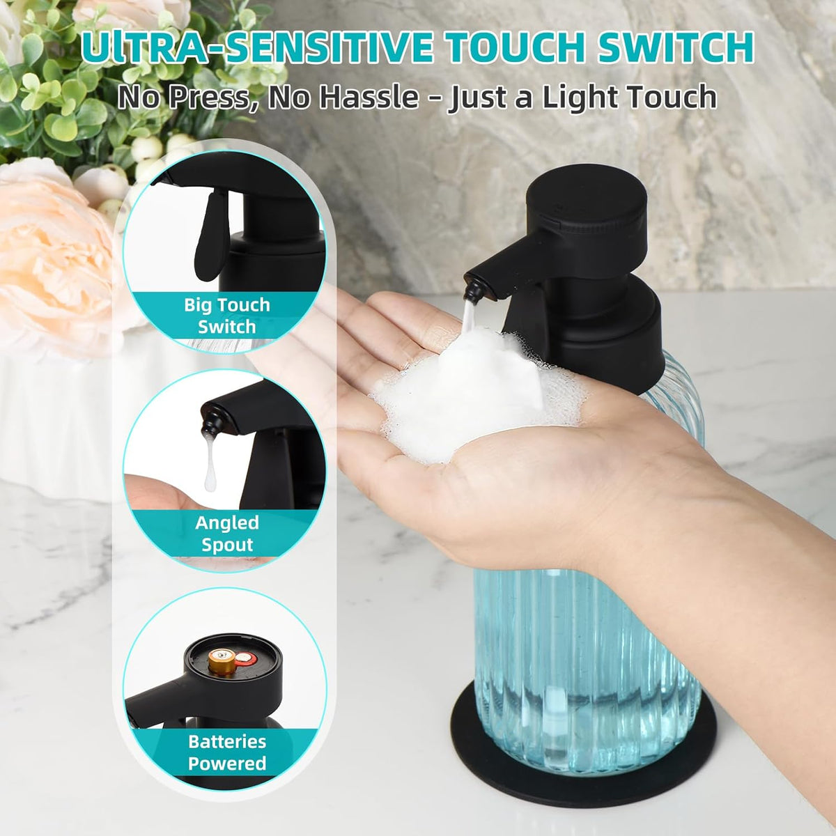 Automatic Foaming Soap Dispenser, 17oz Clear Glass Hand Soap Dispenser with ABS Touch Sensor Pump