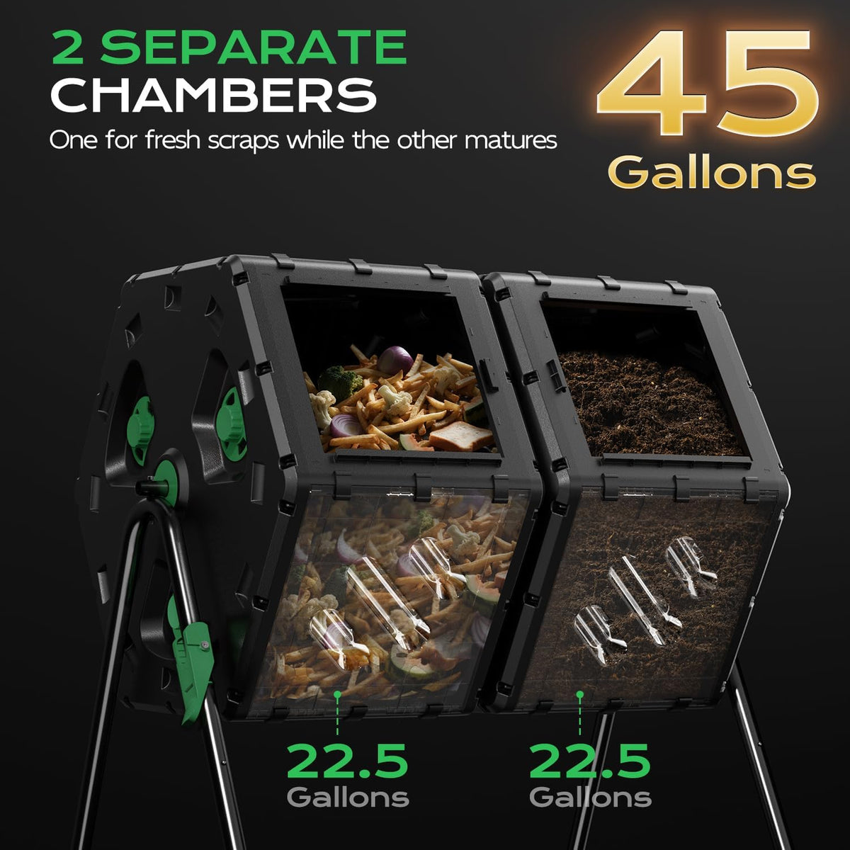 Compost Tumbler 45 Gallon/170L, Easy-Assemble Dual Chamber Compost Bin Outdoor, 360°Rotating Large