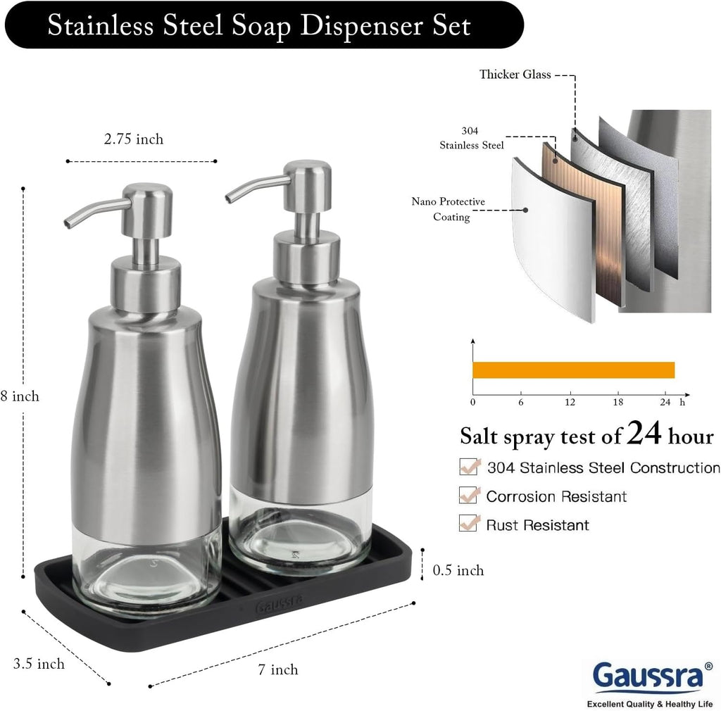 Gaussra Kitchen Soap Dispenser Set with Silicone Tray and Stickers - Brushed Nickel, Stainless