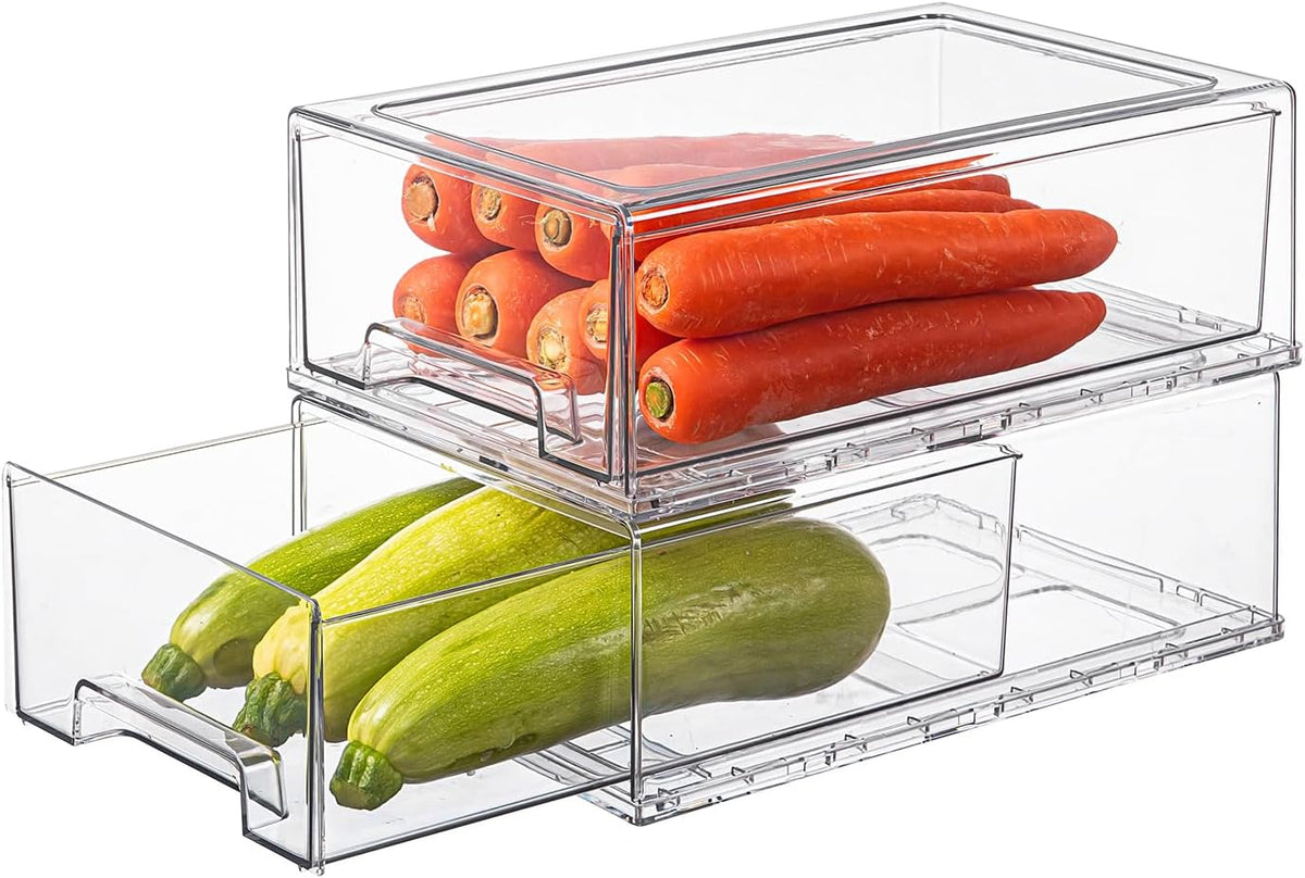PeJeyiee 2 Pack Clear Stackable Refrigerator Organizers and Storage Drawers - Pull-Out Fridge Bins