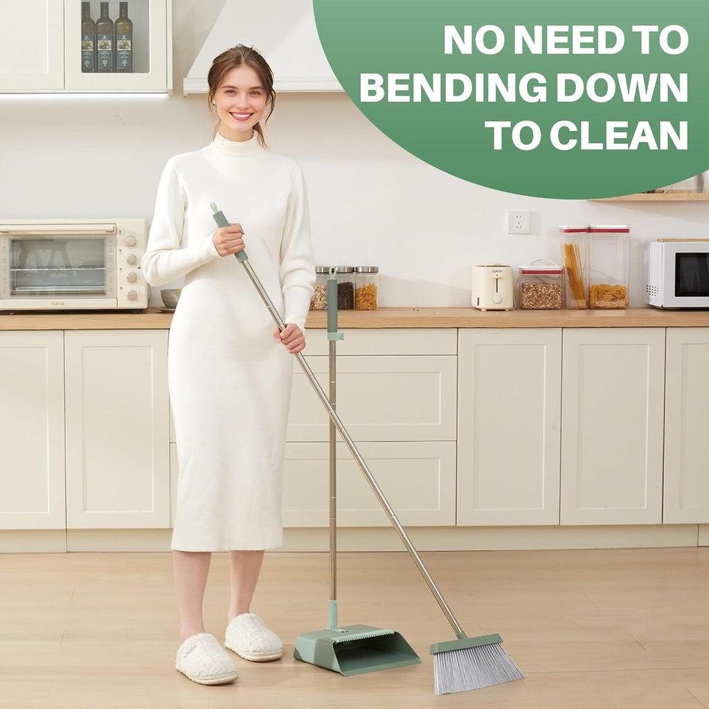 JOYMOOP Dark Teal Green Broom and Dustpan Set, Upright Angle with Built-in Comb Teeth, Ideal for