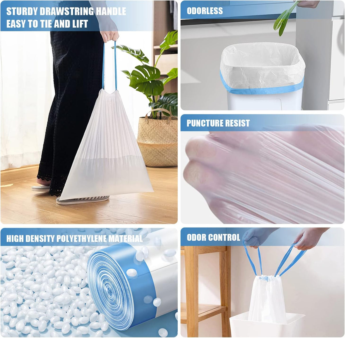 FORID Small Drawstring Trash Bags - 4 Gallon Plastic Garbage Bags White Unscented Can Liners 60
