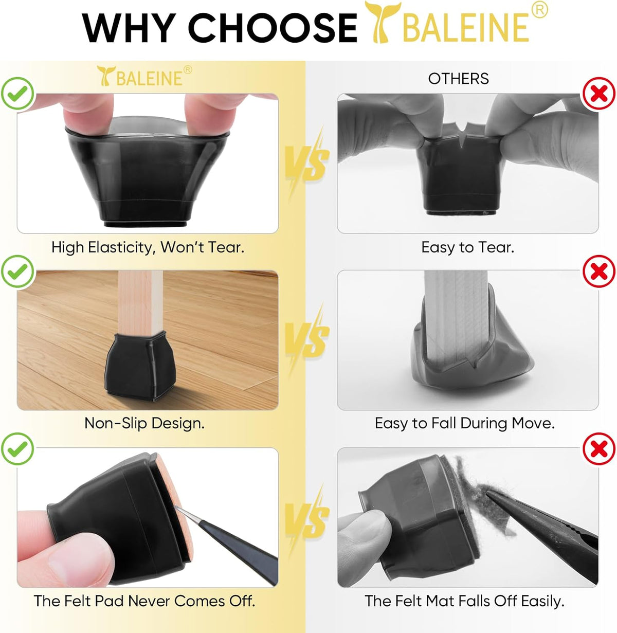 BALEINE 16 Pack Silicone Chair Leg Floor Protectors, Stool Leg Protectors Cap, Non-Slip Chair Leg