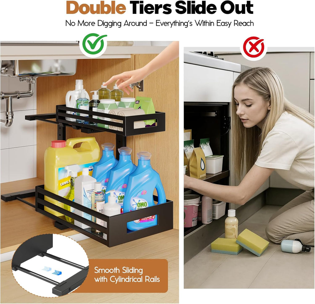 1-Pack Under Sink Organizers and Storage,2-Tier L Shape Pull Out Cabinet Organizer With Round Tube