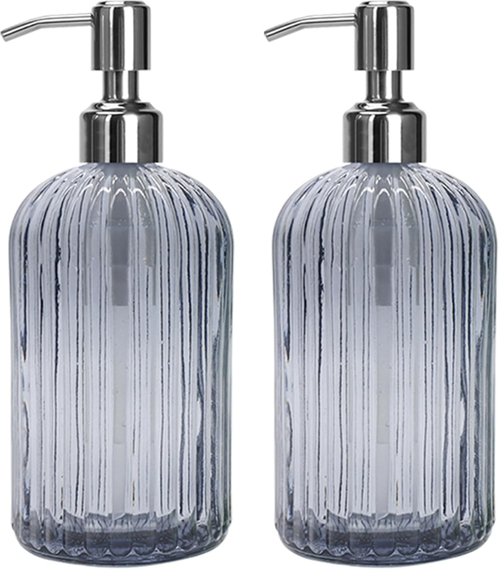 Grey Glass Soap Dispenser 18 oz, 2 Pack Hand Dish Soap Dispensers Bathroom with Stainless Steel