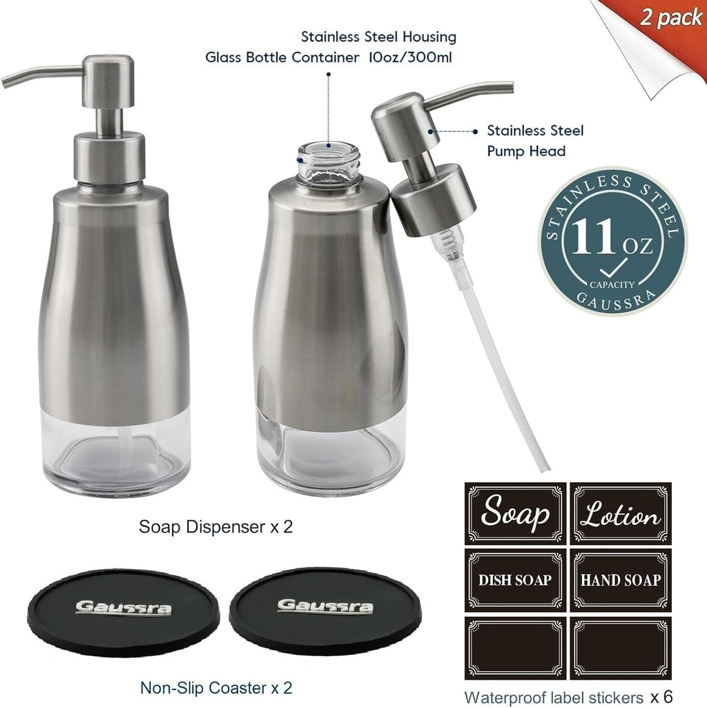 Gaussra 2 Pack Soap Dispenser with Coaster and Stickers, Stainless Steel Case Glass Liner Hand Pump