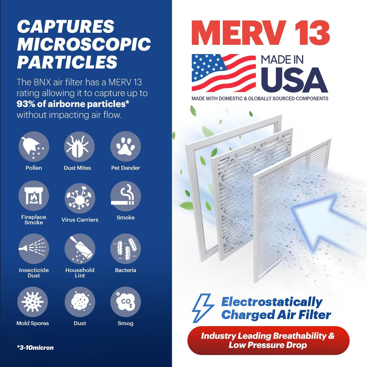 BNX TruFilter 16x24x1 Air Filter MERV 13 (4-Pack) - MADE IN USA - Electrostatic Pleated Air