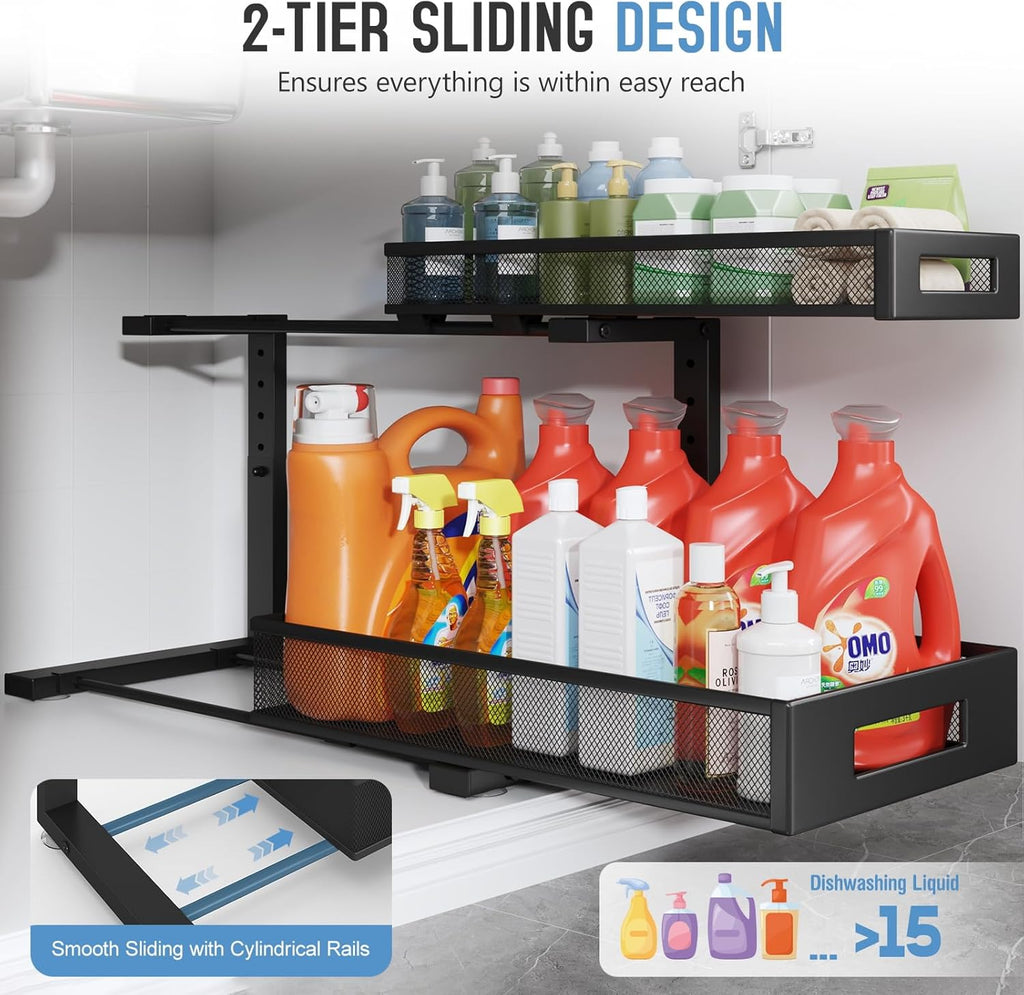 1 Pack 19IN Depth Under Sink Storage Organizer, Large 2-Tier Elegant Mesh Pull Out Shelf for