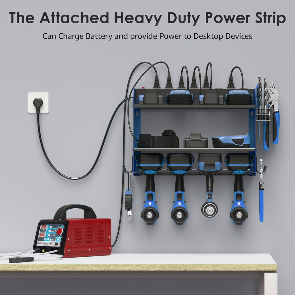 CCCEI Set Power Tool Organizer Wall Mount with Charging Station. Garage 4 Drill Storage Shelf with
