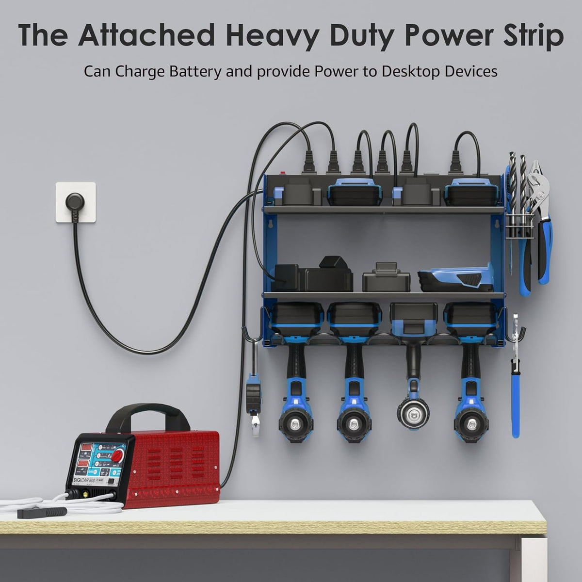 CCCEI Set Power Tool Organizer Wall Mount with Charging Station. Garage 4 Drill Storage Shelf with