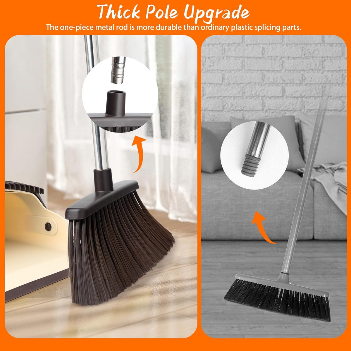 Broom and Dustpan Set, Dustpan Combo with 51" Stainless Steel Long Handle Brooms with 5-Layer Soft