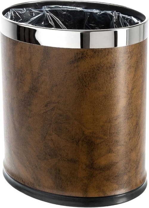 'Invisi-Overlap' Open Top Leatherette Trash Can, Small Office Wastebasket, Modern Home Décor, Oval