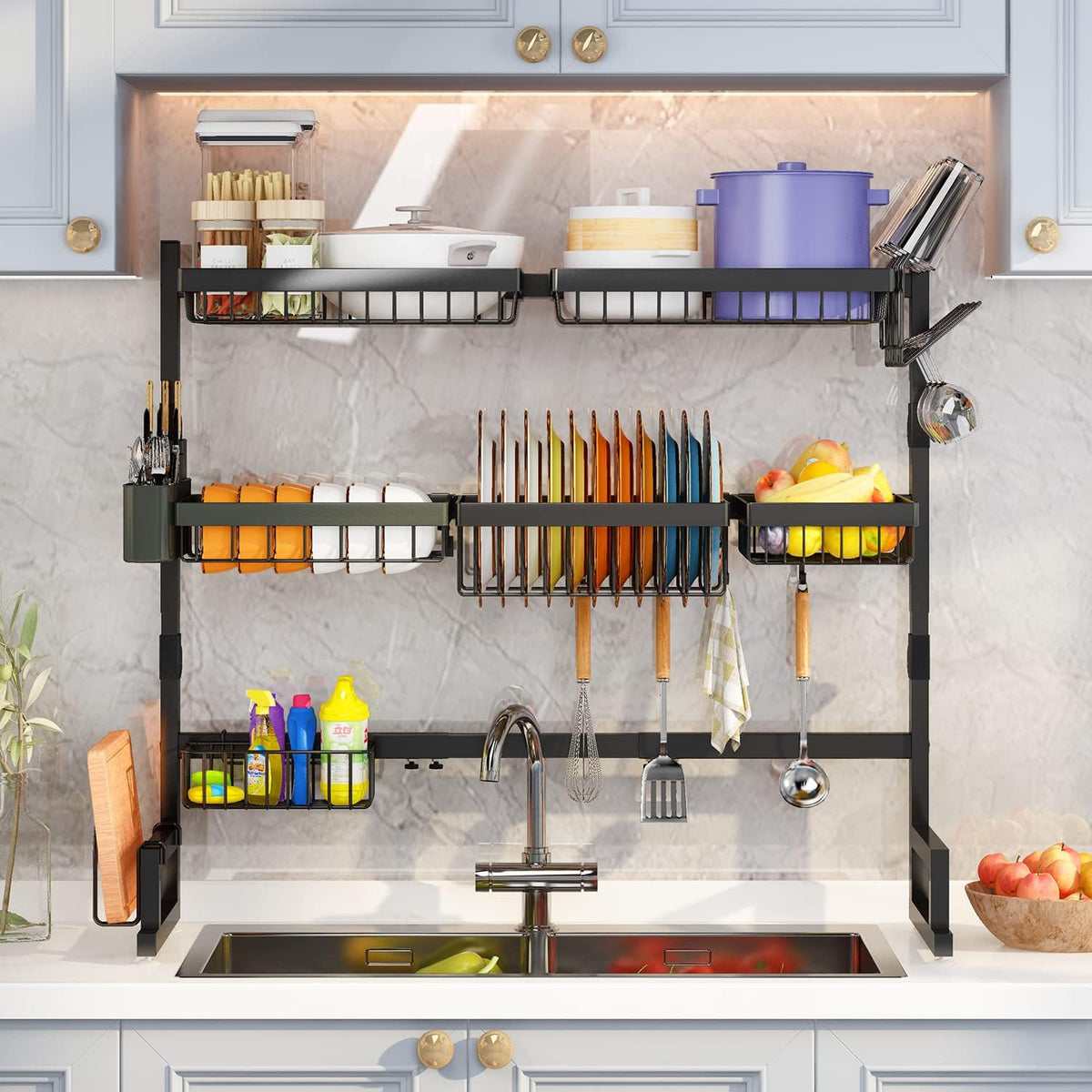 Over Sink Dish Drying Rack (Expandable Height/Length) Snap-On Design Large Dish Drainer Storage