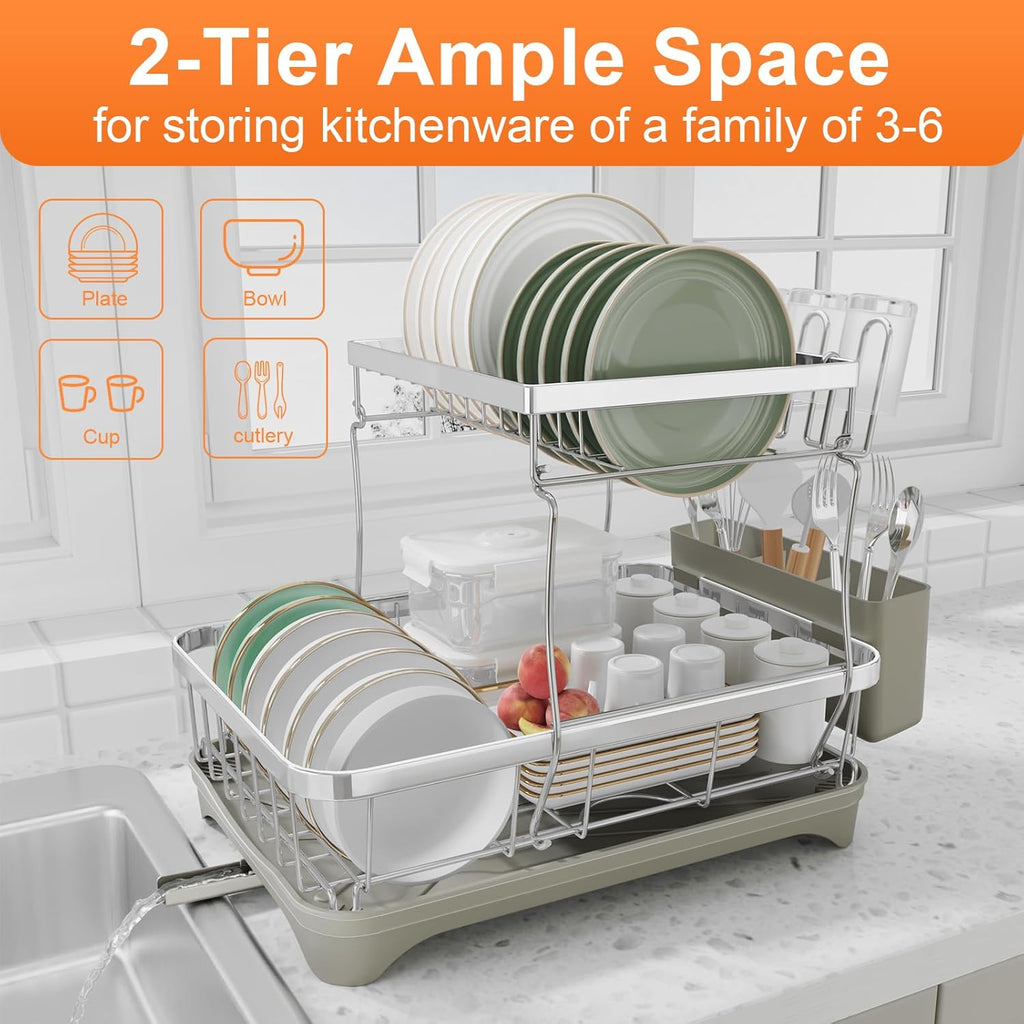 Dish Drying Rack, 2 -Tier 304 Stainless Steel Adjustable Spout Auto-Draining Dish Rack, Space