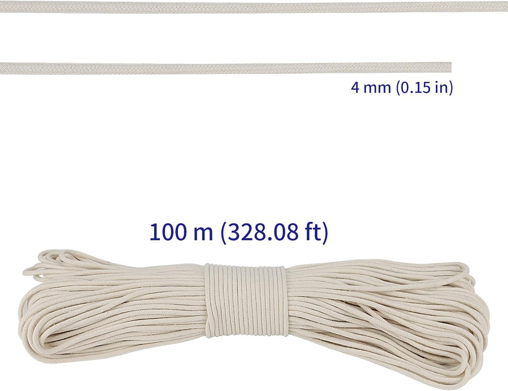 SOUJAP 5/32 Inch White Natural Cotton Clothesline Rope, 4mm x 328 Feet Cotton Sash Cord for Window