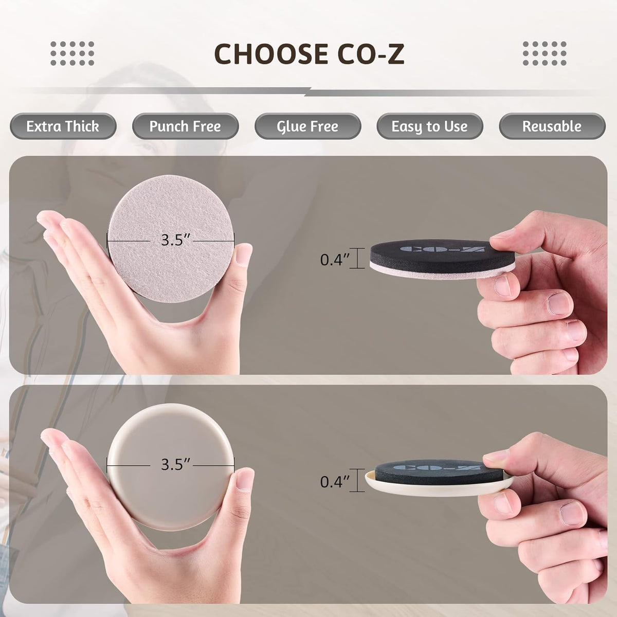 CO-Z Felt Furniture Sliders - 16 Pack with 8 Plastic & 8 Felt Sliders, 3 1/2" Reusable Furniture