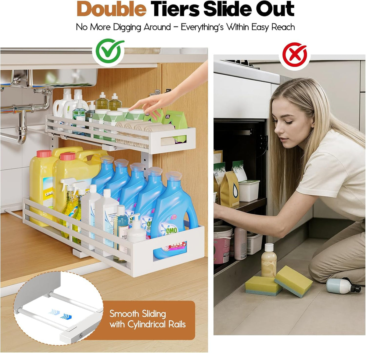 2-Pack 20.47"Deep Under Sink Organizer And Storage,2-Tier L-Shaped Pull Out Cabinet Organizer with