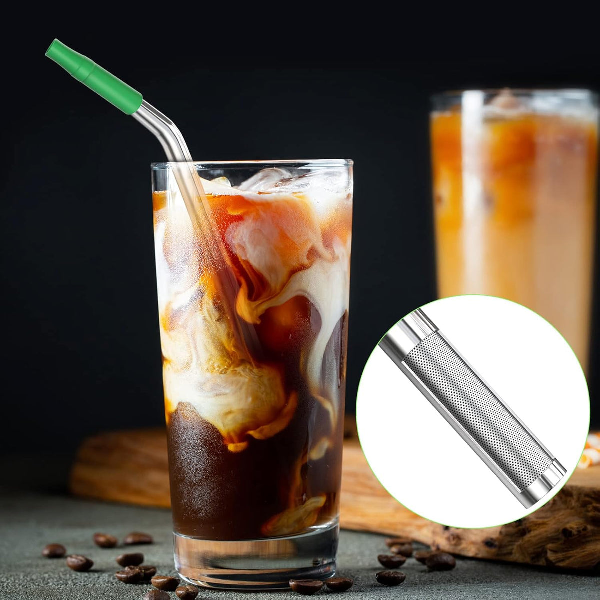 (4 Pack) Stainless Steel Straws Long Metal Straws with Cleaning Brush, Removable Filter, Size 8.26