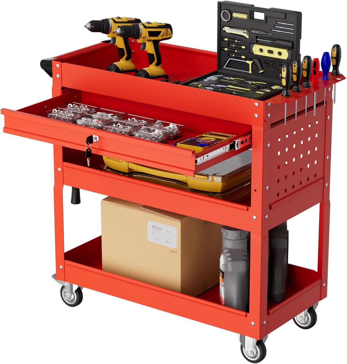 3-Tier Rolling Tool Cart with Drawers, Heavy Duty Utility Storage Cart with pegboard, Lockable