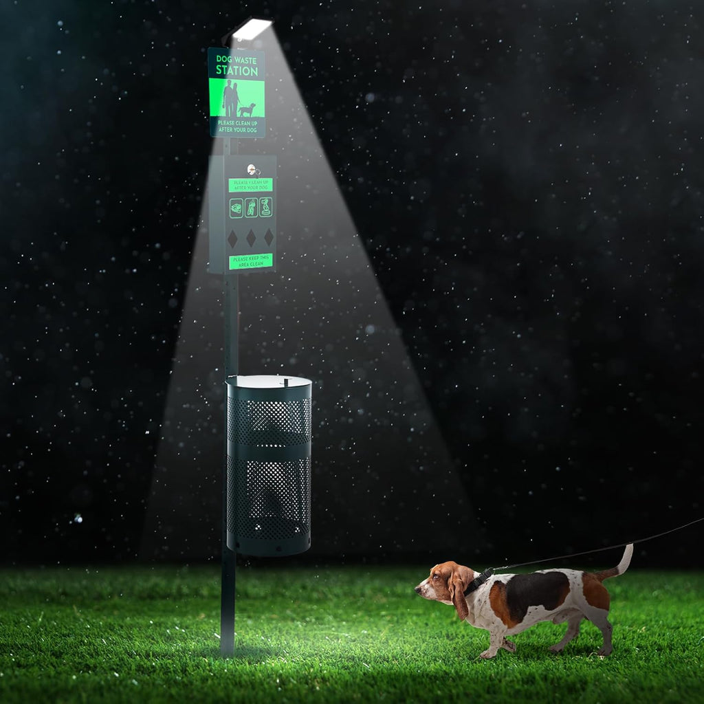 Dog Waste Station with Solar Panels Outdoor LED Galvanized Steel Dog Trash Bin with Poop Bag