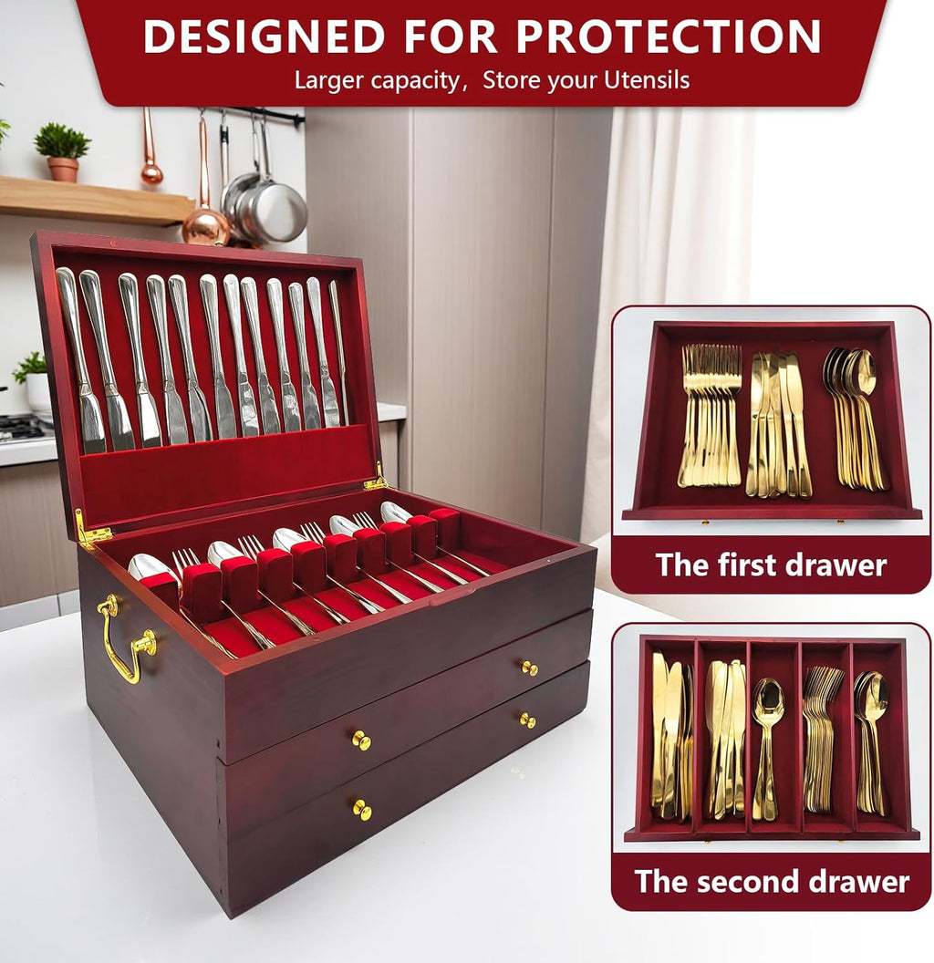Silverware Storage Box, Kitchen Drawer Organizer, Drawer-containing flap-type storage box, Wood
