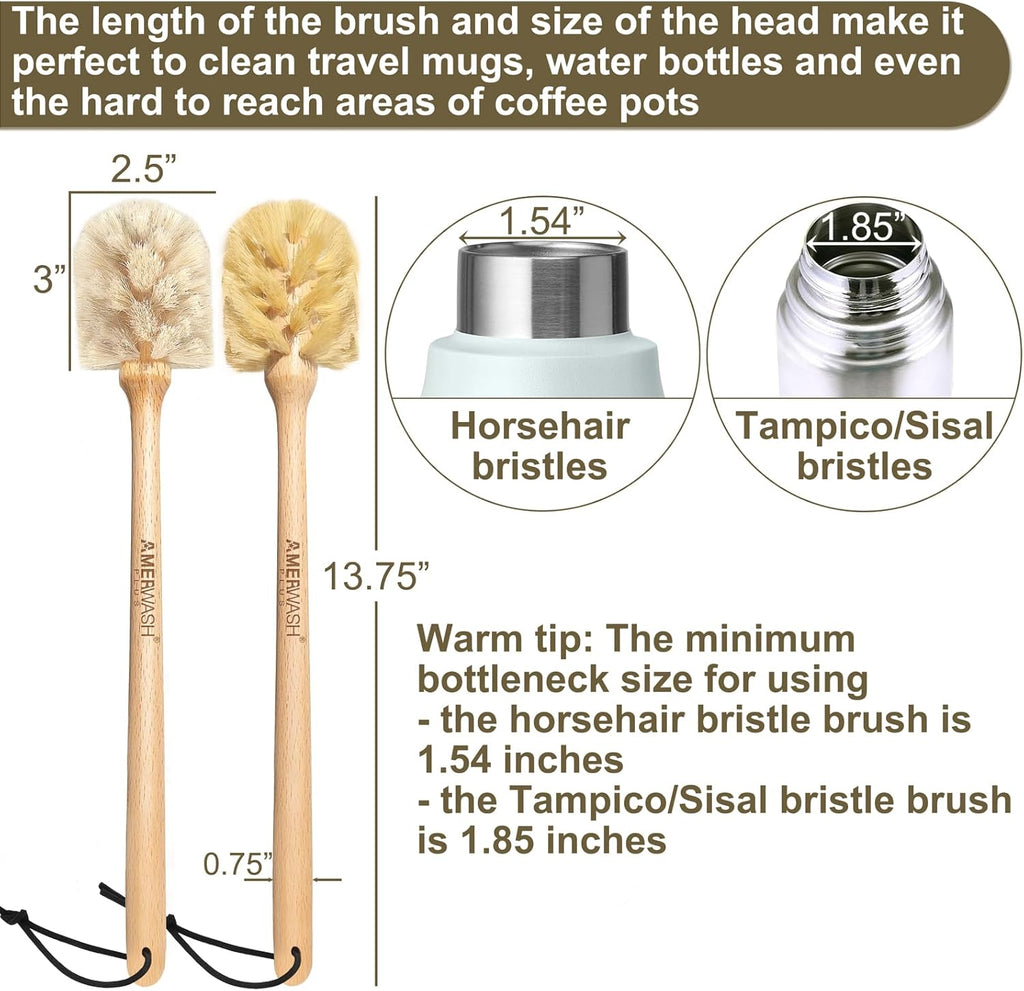 Bottle Brushes with Natural Bristles, 13-3/4 Inch Long Wood Handle Bottle Brush Cleans and Scrubs