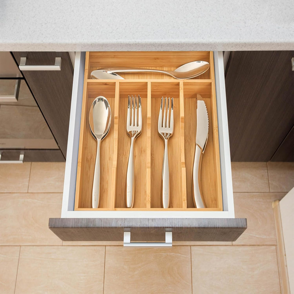 Umilife Bamboo Kitchen Drawer Organizer, 8.25 Inch Silverware Utensils Tray Holder for Small