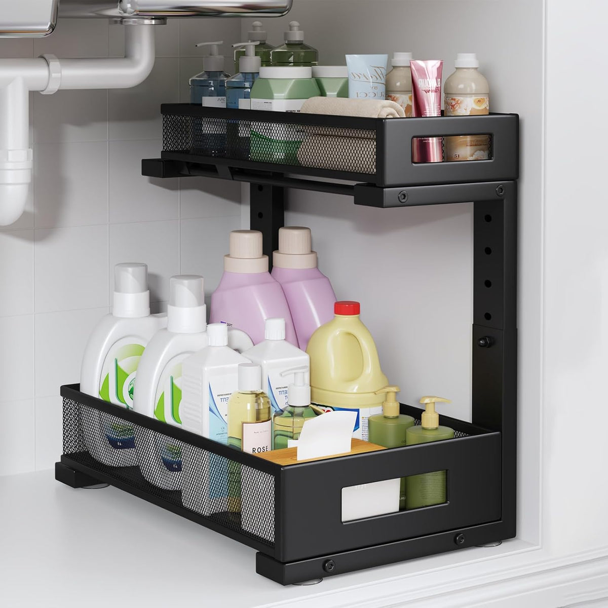 1 Pack-11.4"-16.14"H Under Sink Storage Organizer, Large 2-Tier Elegant Mesh Pull Out Shelf for