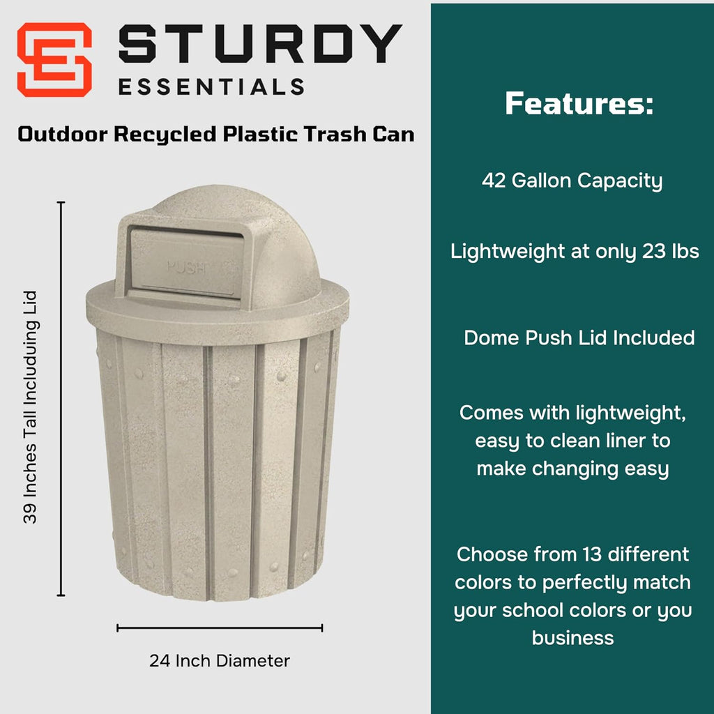 42 Gallon Slated Circle 100% Recycled Plastic Commercial Outdoor or Indoor Trash Can with Push Open