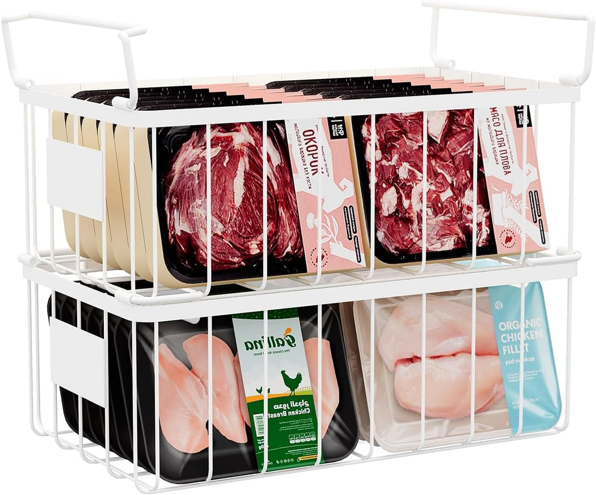 Freezer Storage Organize Baskets - 2 Pack Stackable Deep Freezer Organizer Bins for Most 7 Cu.FT
