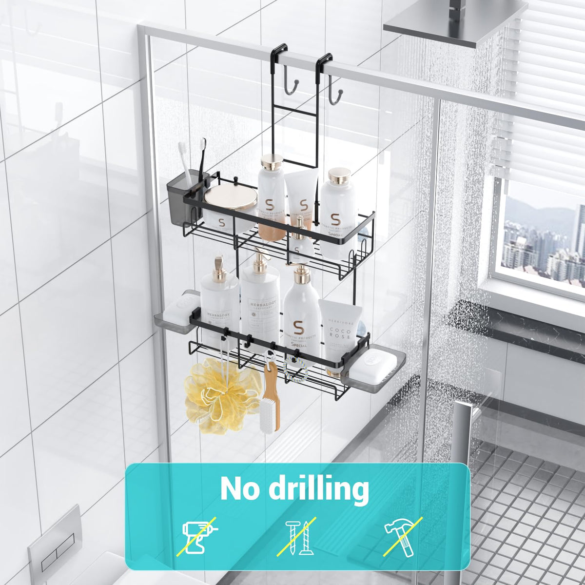 Over the Door Shower Caddy Hanging: No Drill Rustproof Shower Organizer