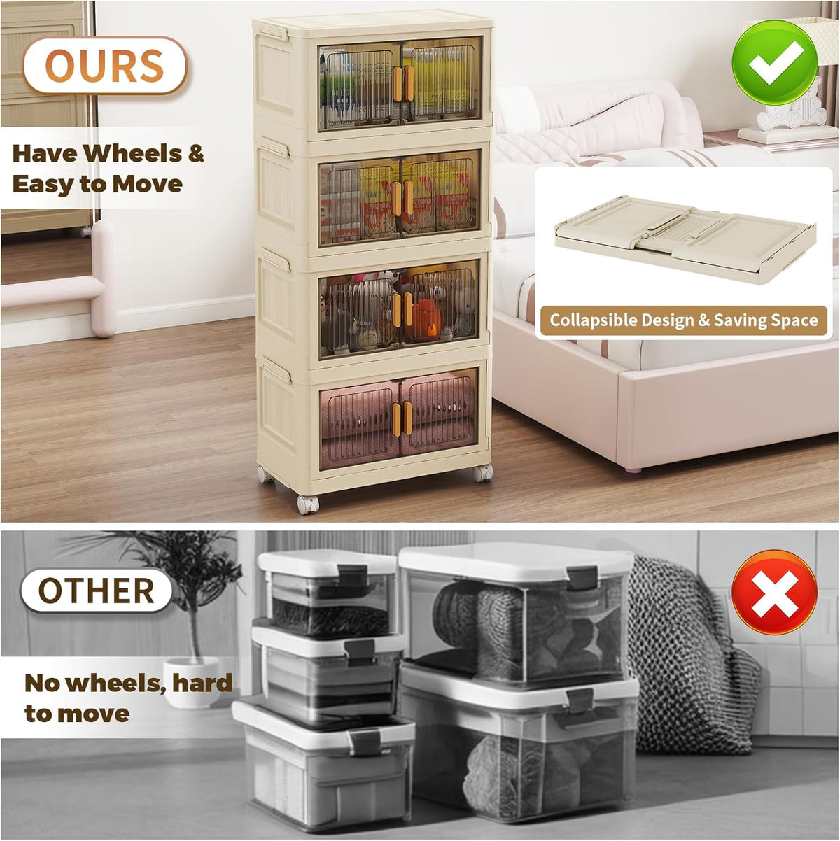 4 Tier Stackable Plastic Storage Bins with Lids 58QT, Collapsible Closet Organizers and Storage