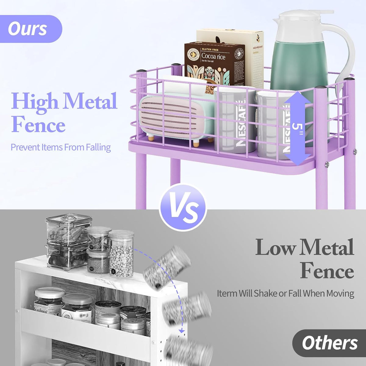 KINGRACK 3 Tier Rolling Cart, Metal Mobile Storage Shelf with Lockable Wheels, Prevent Falling