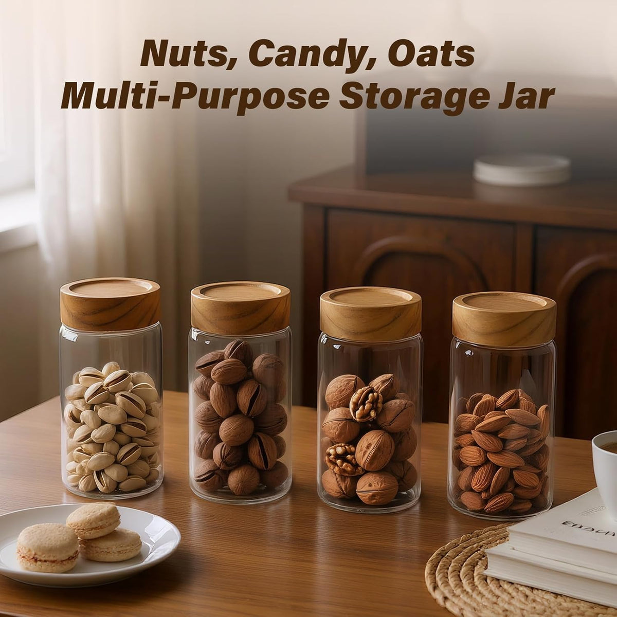 6 -Piece 13 oz Food-Grade Glass Mason Jars with Acacia Wood Lids, Sealable Waterproof, Transparent