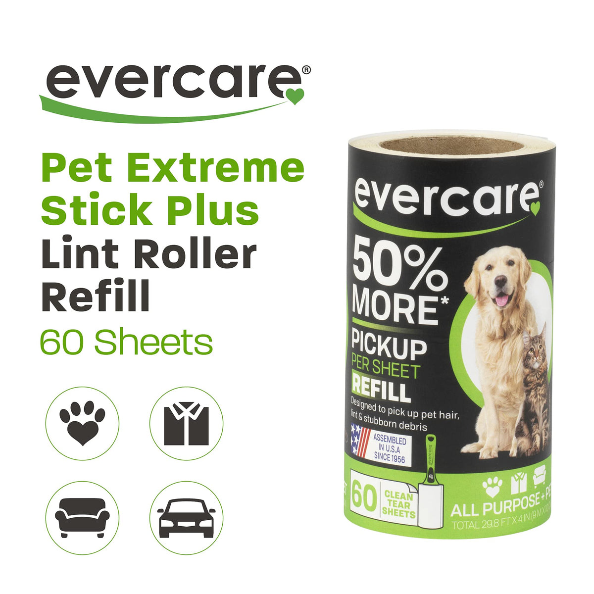 Evercare Extra Sticky Pet Lint Roller Refill 60 Sheets, 6-Pack