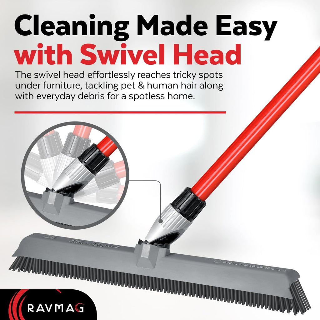 2-in-1 Silicone Rubber Broom Carpet Rake and Squeegee - Swivel Pet Hair Removal Broom with 1 Piece