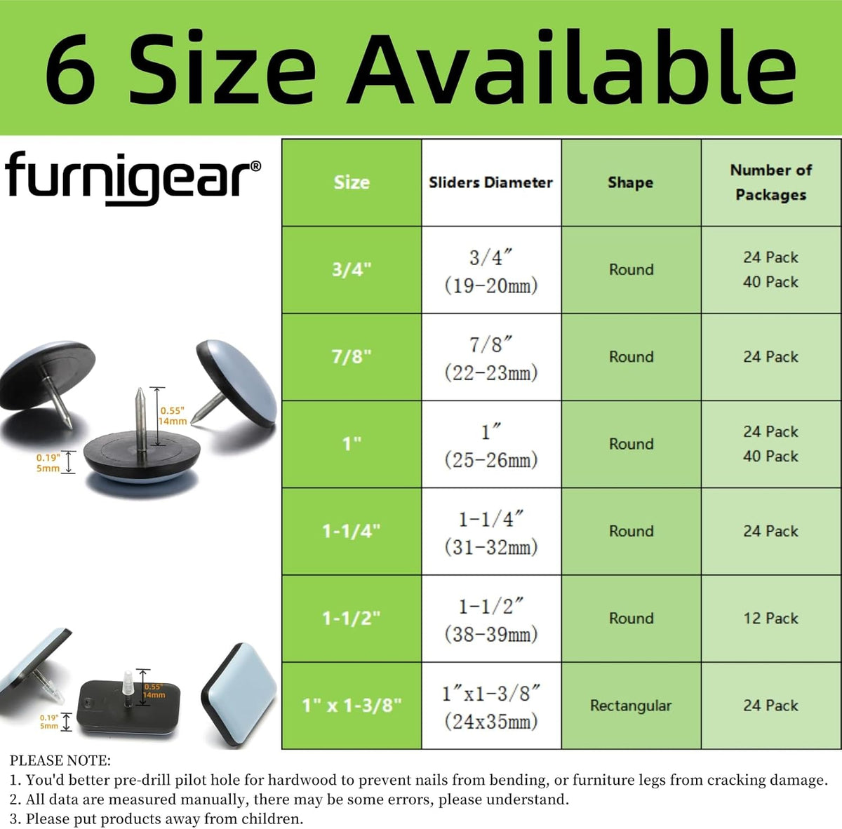 1" Nail on Furniture Sliders (24 Pack) - Furnigear Heavy Duty PTFE (Teflon) Chair Sliders Glides