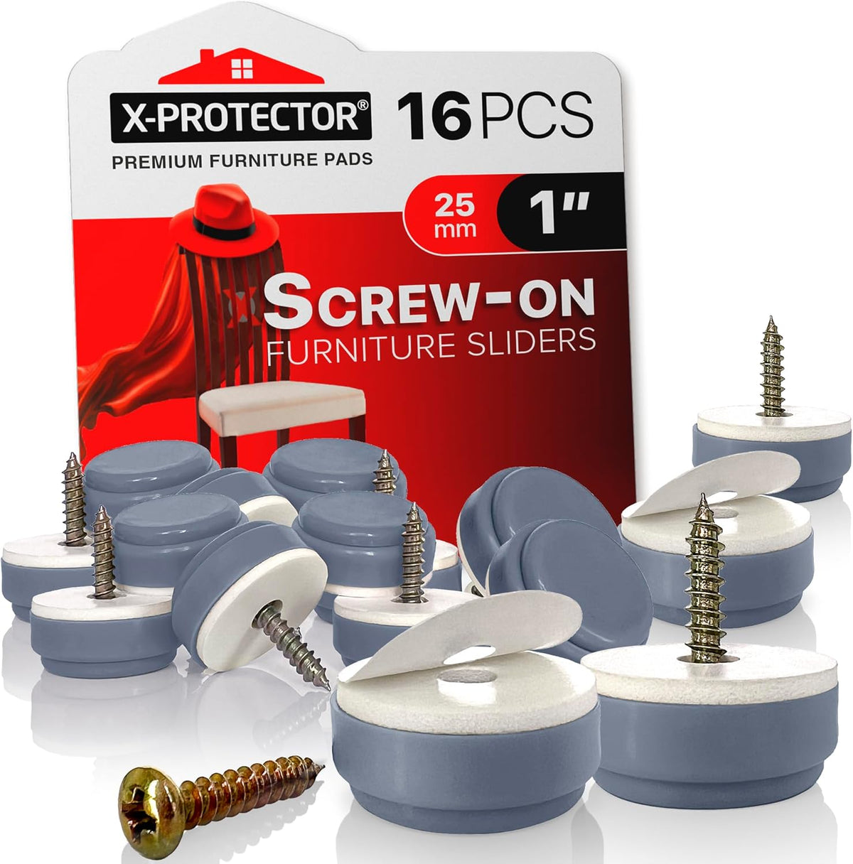Chair Glides X-PROTECTOR – 16 PCS 1" Furniture Glides – Screw-On Chair Sliders – Premium Chair Leg