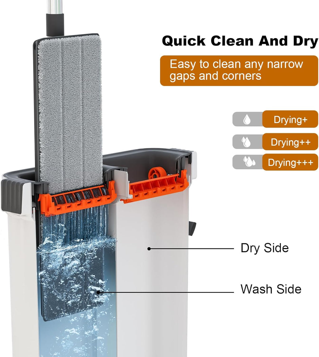 Mop and Bucket with Wringer Set,Hands Free Flat Floor Mop and Bucket,2 Washable Microfiber Pads