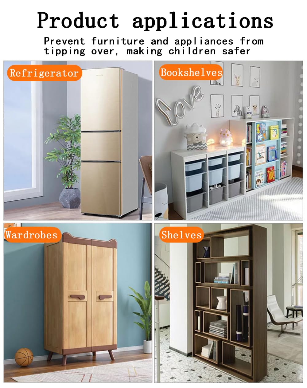 Furniture Anchors 4 Pairs No Drill Heavy Duty Anchors Fridge Lock Adjustable Self-Adhesive Safety