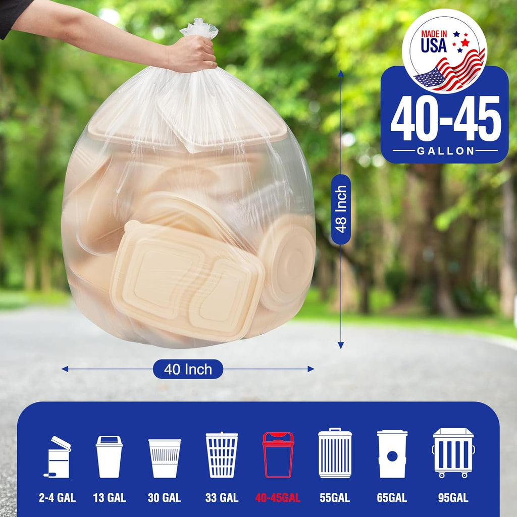 Delxo 40-45 Gallon Clear Trash Bags, 125 Count – Medium Duty Garbage Bags, Thick, Durable &