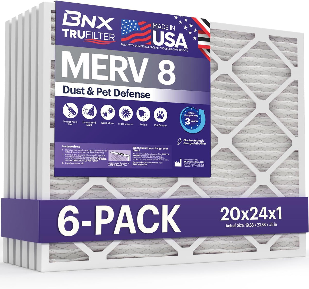 BNX TruFilter 20x24x1 Air Filter MERV 8 (6-Pack) - MADE IN USA – Dust & Pet Defense Electrostatic