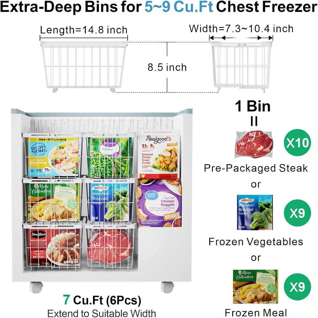 iSPECLE Chest Freezer Organizer Bins - 6 Pack Large Adjustable Freezer Organizer Bins for 5 to 9