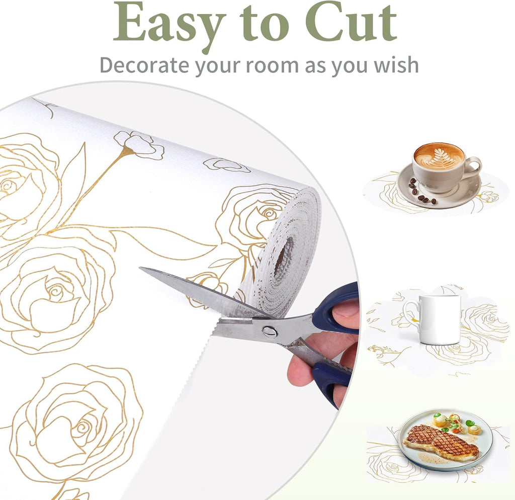 Shelf Liners for Kitchen Cabinets 17.5in x 30FT Non Adhesive Drawer Liner Gold Floral Thickened