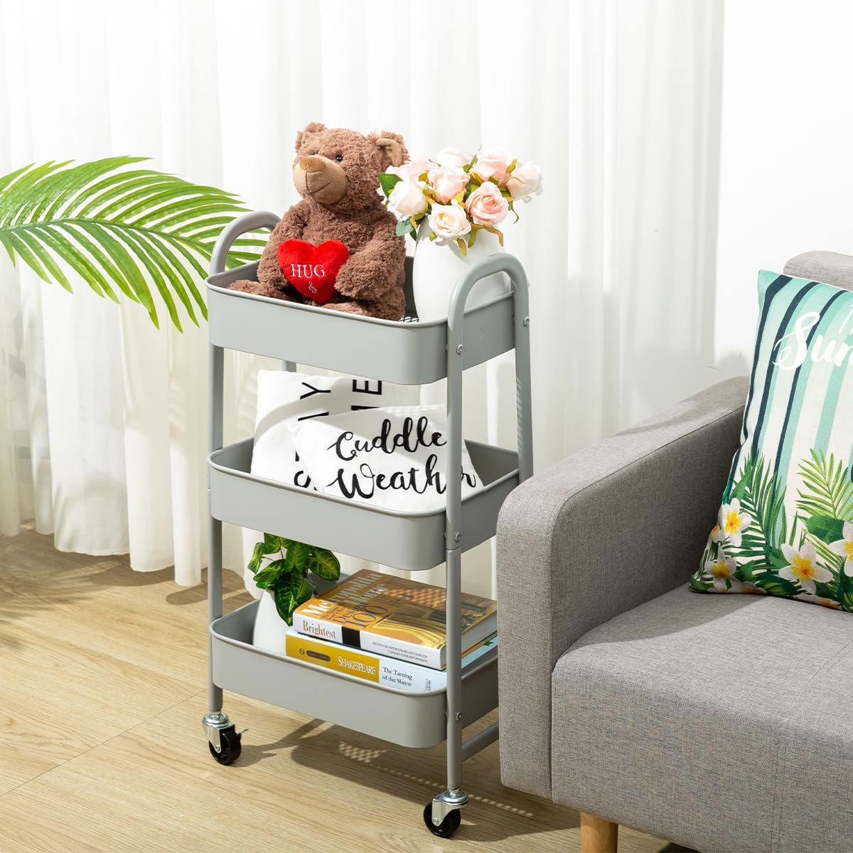 AGTEK Makeup Cart, Movable Rolling Organizer Cart, 3 Tier Metal Utility Cart, Grey