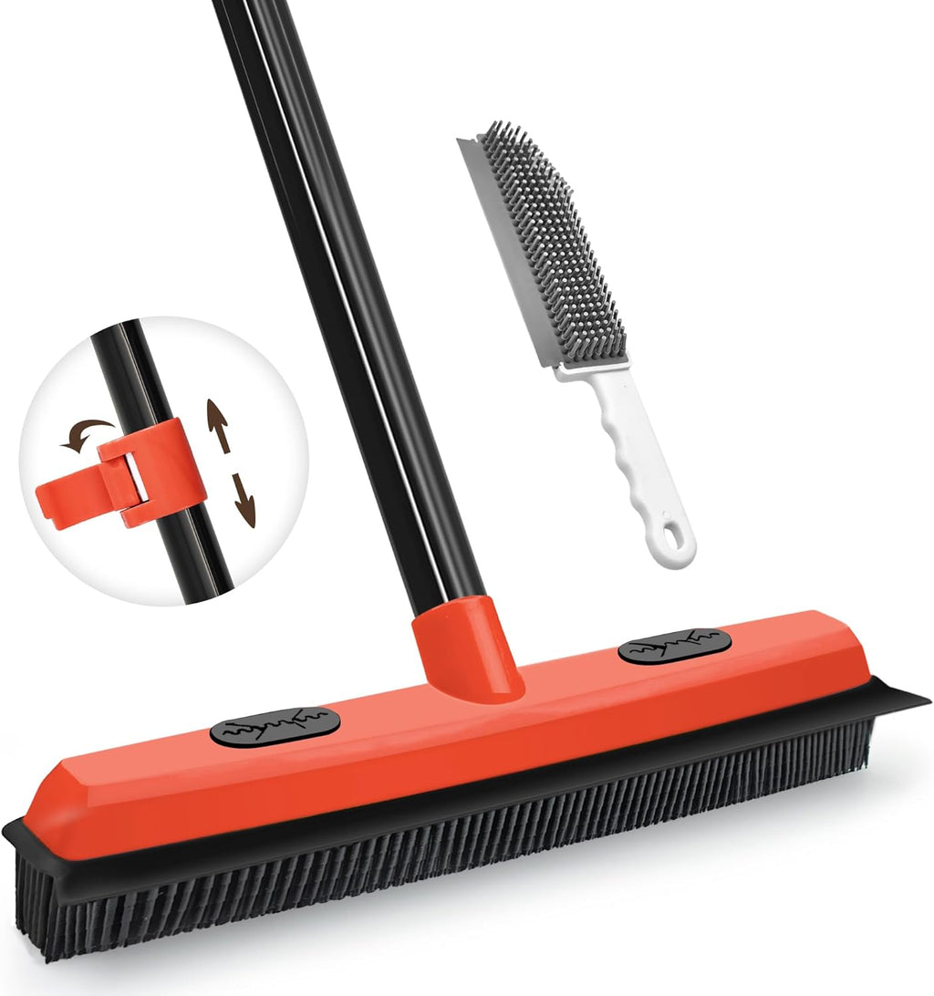 JEHONN Rubber Broom Carpet Rake Brush for Pet Hair with Squeegee, 52.8 inches Long Handle Silicone